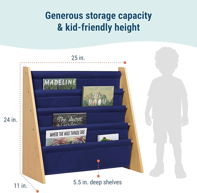 Wildkin Wooden Sling Bookshelf for Kids – Premium Canvas Design with 4 Fabric Shelves, Organizer for Home or Classroom - Natural w/Dark Blue