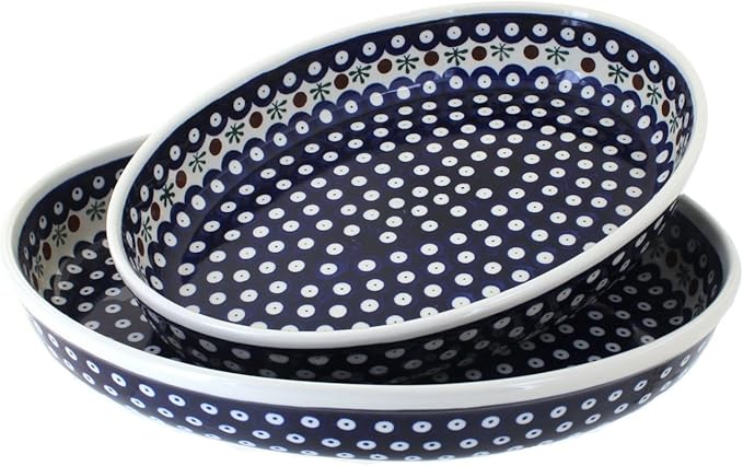 Blue Rose Polish Pottery - Blue Nature Oval Baker Set - 2 Bakers - Unique, Dishwasher Safe, & Durable Bakeware