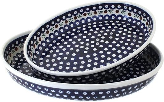 Blue Rose Polish Pottery - Blue Nature Oval Baker Set - 2 Bakers - Unique, Dishwasher Safe, & Durable Bakeware