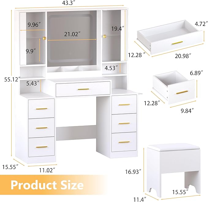 White Makeup Vanity Desk with Mirror & Lights, Modern Vanity Table with Charging Station, 7 Drawers, Glass Cabinet, Shelves & Cushioned Stool, Bedroom Dressing Table Set for Women & Girls