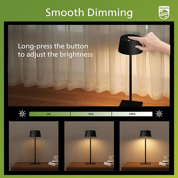 Philips Solar Outdoor Table Lamp, Portable LED Desk Light,Cordless Battery-Operated，2 Adjustable Height, Touch Control & Stepless Dimming Night Light，Waterproof for Garden, Bedroom