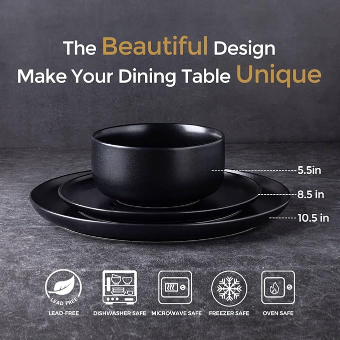 LERATIO Stoneware Dinnerware Sets for 4,Handcarft Ceramic Plates and Bowls Sets,Chip and Scratch Resistant Dishes, Dishwasher & Microwave Safe, Oven safe,Reactive Glaz-Black