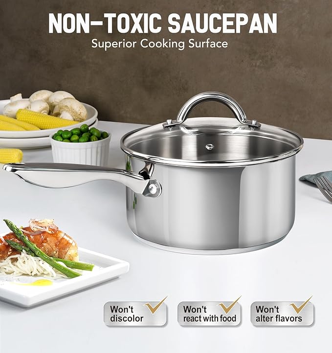 MICHELANGELO Stainless Steel Saucepan with Lid & Steamer, 3 Quart Sauce Pan with Lid, Steamer Pot with Pour Spout, 3 Qt Stainless Steel Pot, Induction Compatible, Oven Safe