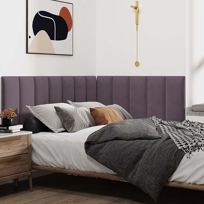 IFNOW Wall Mounted Upholstered Headboard Queen, 3D Peel and Stick Soundproof Panels, Reusable and Removable Padded Leather Bed Headboard, 9 Panels 9.84" x 23.62", Dark Purple