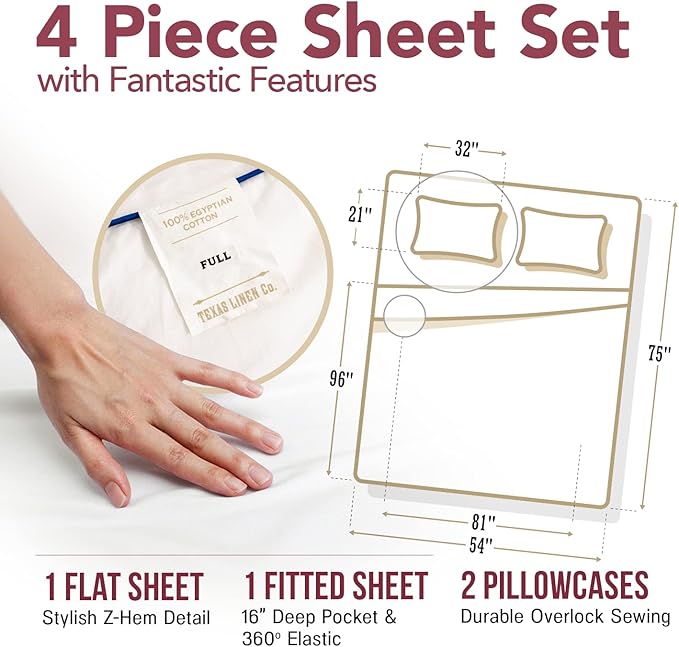 TEXAS LINEN CO. 100% Egyptian Cotton Sheets Full Size - 800 Thread Count 4 PC Ivory Full Sheet Set for Hot Sleepers, Breathable & Cooling Bed Sheet, Sateen Hotel Sheets, Fits Upto 18'' Deep Pocket