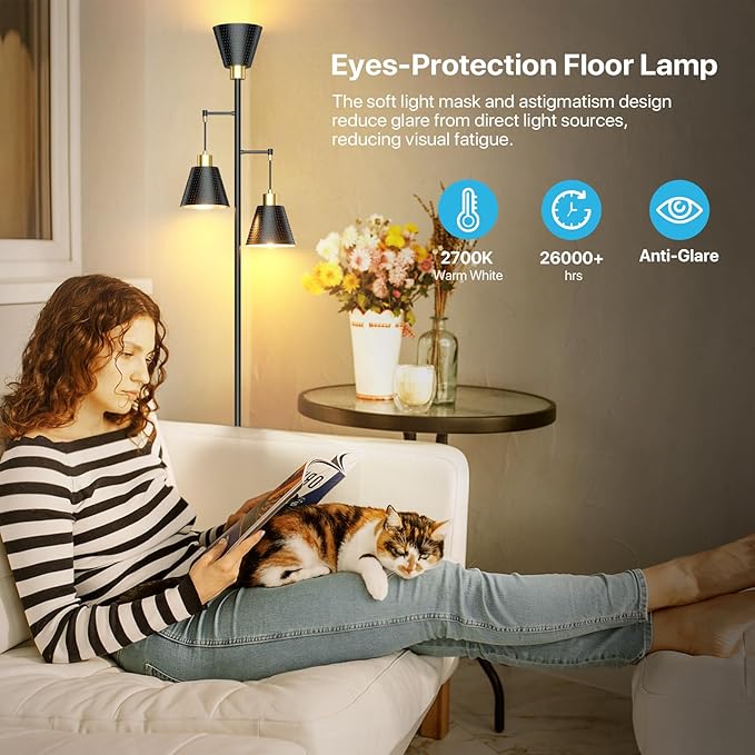 Black Floor Lamp with Cage Shade - 70" Standing Lamp for Living Room Corner - 3 LED Bulbs - Rustic Industrial Modern