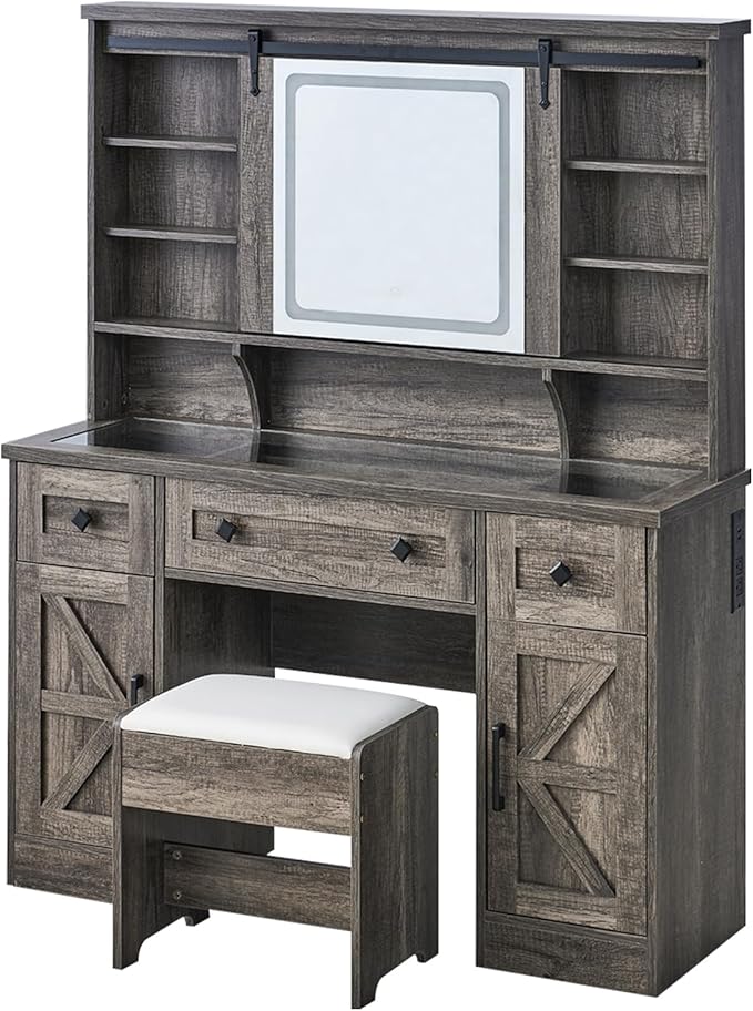 AMERLIFE 47.2" W Farmhouse Makeup Vanity Desk with Charging Station, Vanity Set with Stool & Sliding Mirror & 3 Brightness Lights, Glass Desktop, Ample Storage, Dark Oak