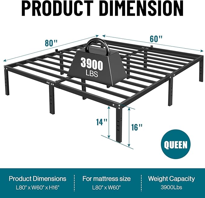16 inch High Mental Queen Bed Frame with Headboard Hole,3900LBS Heavy Duty Steel Slats Queen Bed Frame No Box Spring Needed Platform Noise-Free Easy Assembly