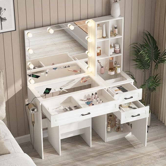 Fameill Vanity Desk with Mirror and Lights,Large Makeup Vanity with Glass top and Lots Storage,3 Drawer Vanity Set with Charging Station,3 Lighting Modes,White