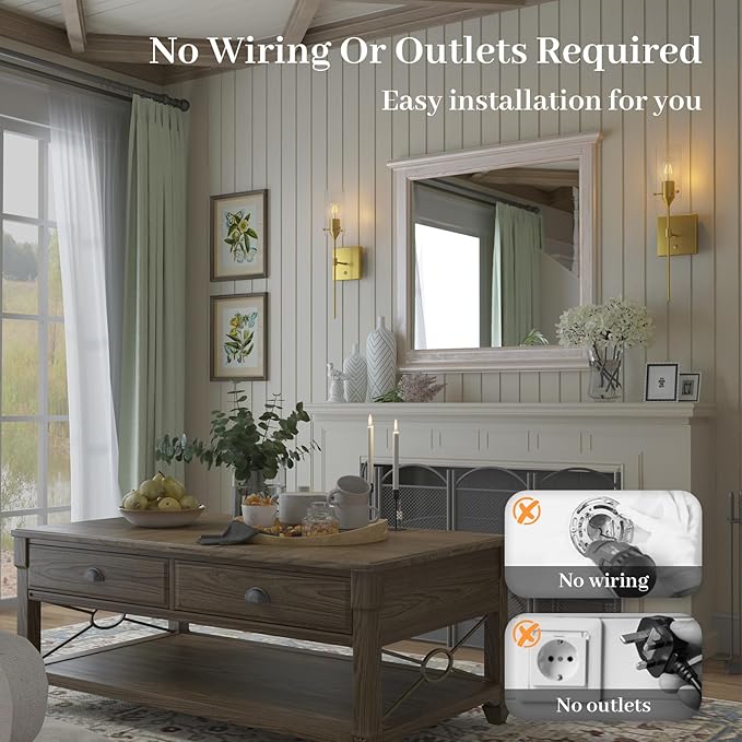 Dimmable Battery Operated Wall Sconce Set of Two, Rechargeable Wall Lamp No Hardwire, Wireless Wall Mounted Light for Bedroom Bathroom Kitchen Vanity Mirror, Bulb Included