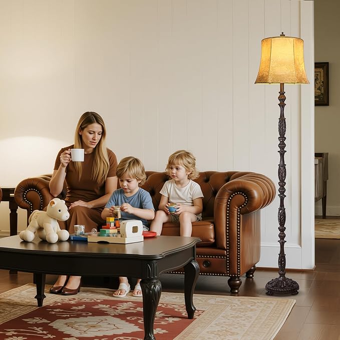 Scenekoy Vintage 66” Tall Floor Lamp for Living Room Bedroom, Retro Resin Carved Standing Lamp with Faux Leather Shade, 3-Way Dimmable Bulb, Rotary Switch Rustic Corner Light for Home Decor