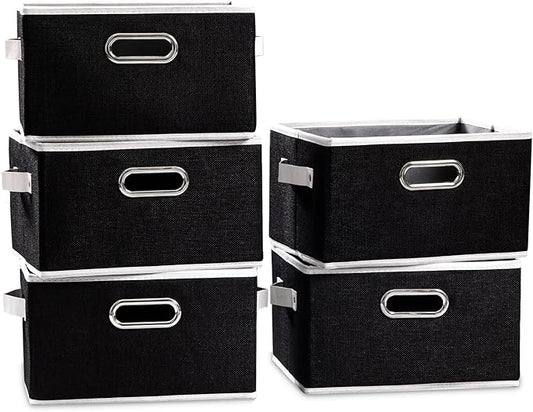 PRANDOM Large Collapsible Storage Bins for Closet [5-Pack] Decorative Fabric Storage Baskets Cubes with Leather/Metal Handles for Shelves Bedroom Living Room Black (14.9x9.8x8.3 Inch)