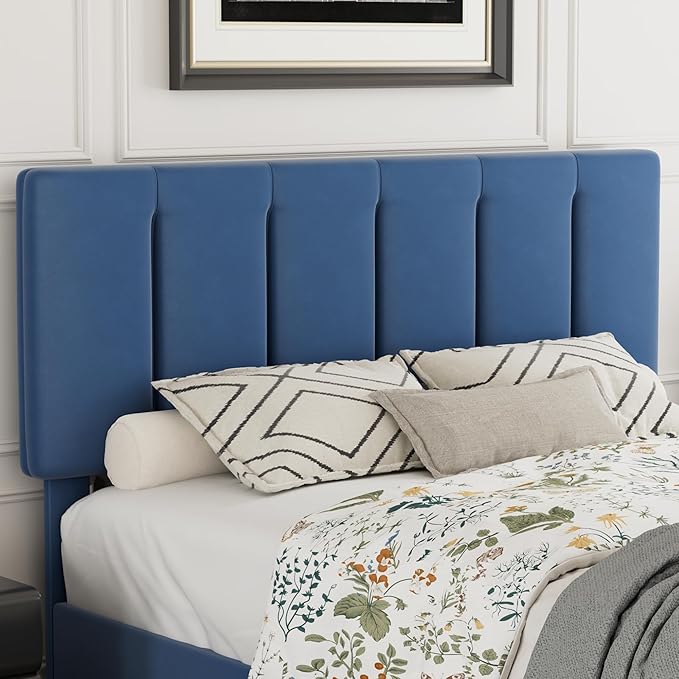 VECELO Queen Bed Frame with Upholstered Headboard, Heavy-Duty Platform Bedframe with Strong Wooden Slats Support, No Boxing Spring Needed, Dark Blue