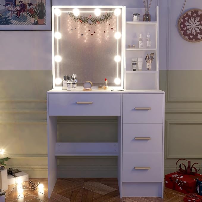 JBLCC Vanity Desk with Mirror and Lights, White Makeup Vanity with 3-Color Lighted Sliding Mirror, 4 Drawers & Open Shelves, Small Vanity Table for Bedroom, Girls & Women