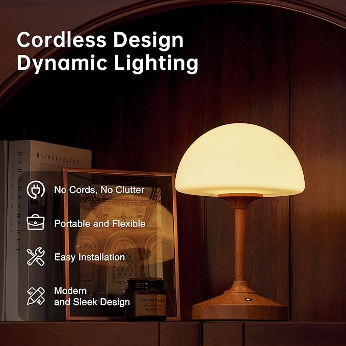 Mushroom Lamp Table Lamp Waterproof,Desk Cordless Battery Operated Lamps for Bedroom,Outdoor Cordless Rechargeable Touch Bedside Lamps for Night Stands,5000mAh LED Night Light for Living Room
