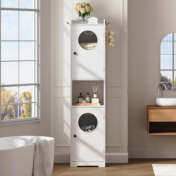 Laundry Hamper Cabinet, Tall Bathroom Storage Cabinet with 2 Removable Laundry Storage Baskets, Hidden Laundry Hamper with 2 Doors and Double Clothes-Toss Round Holes for Bathroom, White