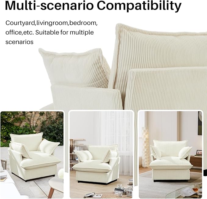 35.4" Wide Oversized Corduroy Single Sofa Chair with 2 Pillows, Modern Upholstered Accent Chair Armchair for Livingroom Bedroom Apartment, Beige