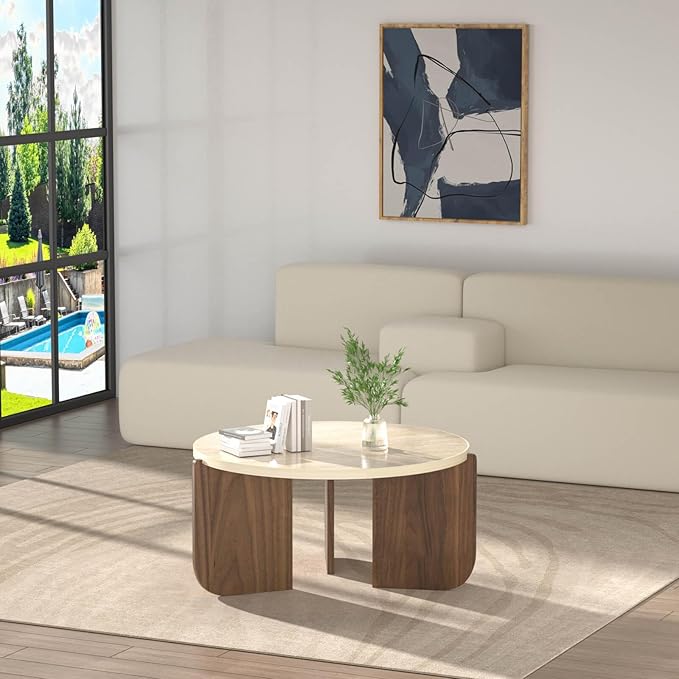 Round Travertine Texture Coffee Table, 28 inch Stone Coffee Table, Modern Design, Durable, Minimalist