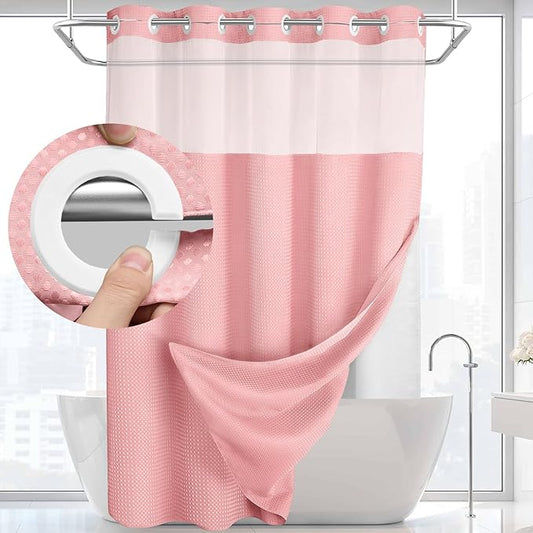 YellyHommy No Hook Shower Curtain with Snap in Liner Set Less Time Pink Waffle Shower Curtain for Bathroom 75" L x 72" W Pink