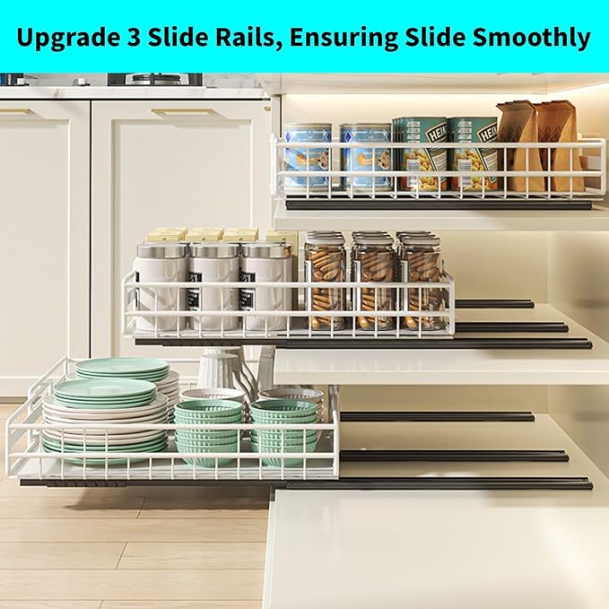 DREMAK Pull Out Cabinet Organizer, 2 Pack Expandable Pull out Drawers for Cabinets, Upgrade 3 Slide Rails Adhesive with Film No Drill, Adjustable Width 12.2"-20.1"