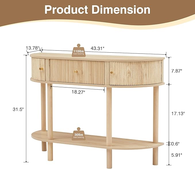 43.3“ Fluted Half Moon Console Table, Modern Entryway Console Sofa Table with Storage, Narrow Wood Accent Tables Behind Couch Tables for Living Room, Hallway, Foyer(Natural)