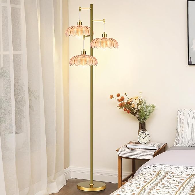 Gold Floor Lamps for Living Room 3 Lights Floor Lamp with Glass Lampshape & Three Led Bulb,Mid Century Standing Lamp Vintage Brass Tall Lamp Tree Floor Lamp for Bedroom Corner