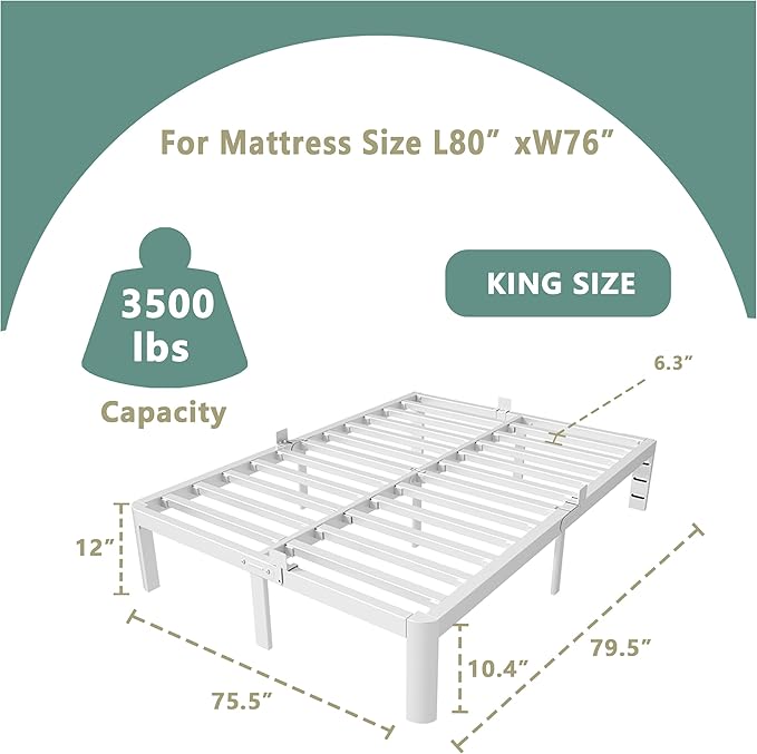 ITIMIDI 12 Inch White King Size Bed Frame, Metal King Platform Bed Frames with Round Corner Legs, Heavy Duty Steel Support 3500 LBS, Storage Space, No Box Spring Needed, Noiseless, Easy Assembly
