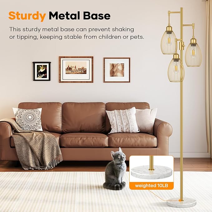 Dimmable Floor Lamp,3x800LM LED Bulbs Included, Farmhouse Industrial Floor Lamp Standing Tree Lamp with Teardrop Cage Head Tall Lamp for Living Room Bedroom Office Dining Room - Gold & Marble Base