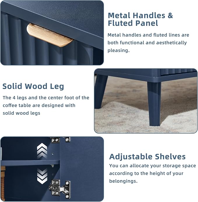 LEYAOYAO 48" Fluted Lift Top Coffee Table with Hidden Storage & Adjustable Shelves, Lifting Tabletop Large Rectangular Coffee Tables, Mid Century Modern Wood Center Table for Living Room, Nave Blue