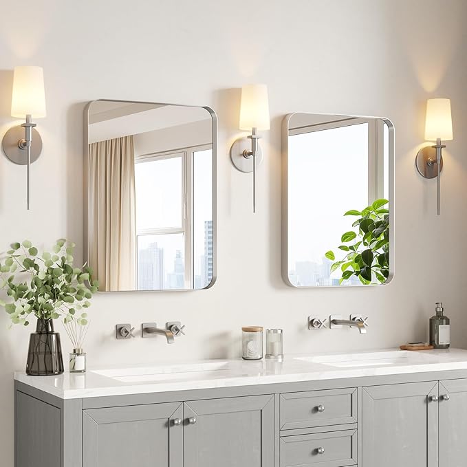 USHOWER Brushed Nickel Bathroom Mirrors 22"x30" 2 Pack, Silver Rectangle Mirrors for Over Sink, Rounded Corner, Aluminum Frame, Anti-Rust, Tempered Glass, Horizontal or Vertical Mounted