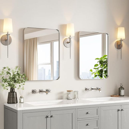 USHOWER Brushed Nickel Bathroom Mirrors 22"x30" 2 Pack, Silver Rectangle Mirrors for Over Sink, Rounded Corner, Aluminum Frame, Anti-Rust, Tempered Glass, Horizontal or Vertical Mounted