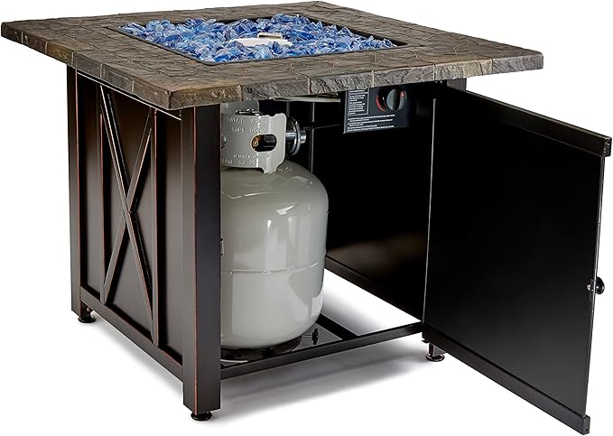 Endless Summer 30 Inch Square 30,000 BTU Liquid Propane Gas Outdoor Fire Pit Table w/Push Button Ignition, Blue Fire Glass, & Steel Fire Bowl, Bronze