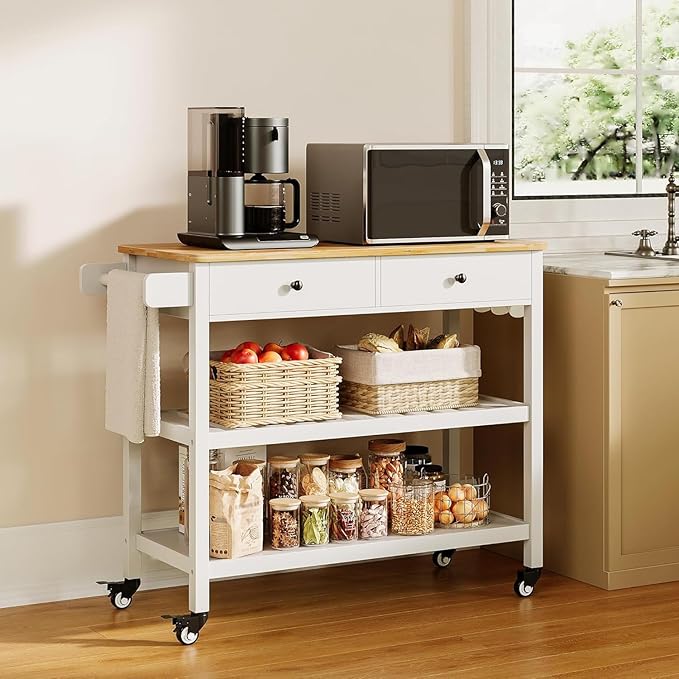 Gizoon Kitchen Island Cart on Wheels with 40'' Wood Tabletop, 2 Open Tiers Spacious Storage Shelves and Towel Rack, Rolling Utility Cart with 3 Side Hooks and 2 Drawer for Dining Room, Bar, White