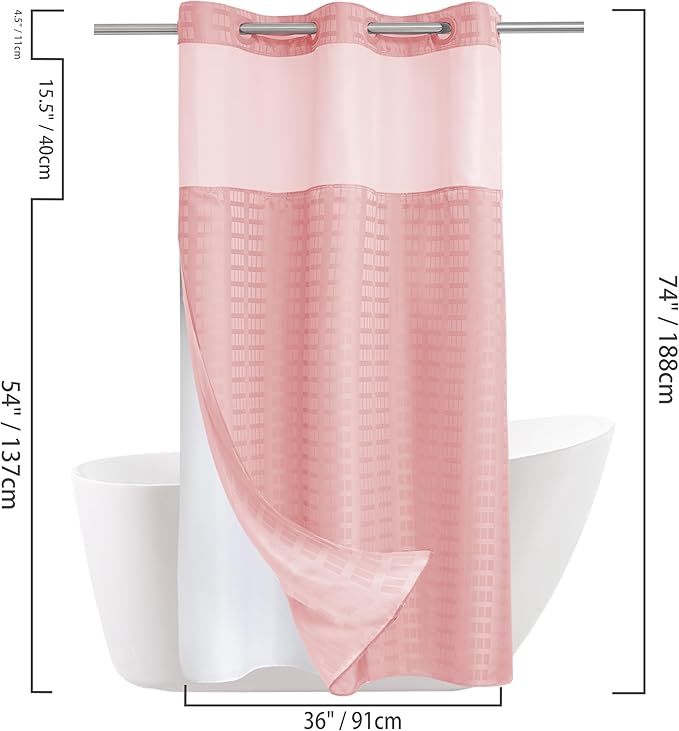 Conbo Mio Stall No Hook Shower Curtain with Snap in Liner Set, Hotel Luxury Pink Shower Curtains for Bathroom with See Through Top Window, Waterproof, Washable 36W x 74H