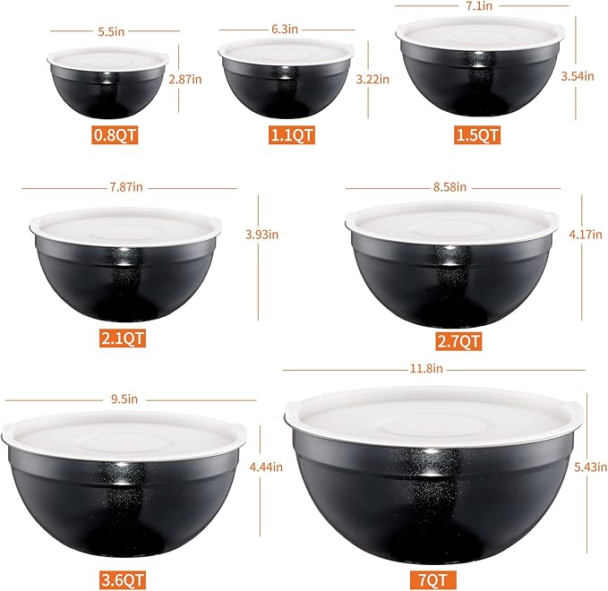 Black Mixing Bowls with Airtight Lids, Stainless Steel Nesting Mixing Bowls Set of 7, Ideal for Baking, Prepping and Serving Food, Size 7, 3.6, 2.7, 2.1, 1.5, 1.1,0.8 QT, Stackable Design