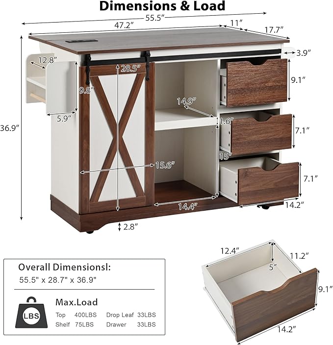 55'' Kitchen Island Cart on Wheels with Drop Leaf Countertop, Mobile Kitchen Island Carts with Power Outlet, Rolling Kitchen Table with Storage, Spice Rack, Towel Rack, and Drawer (White)