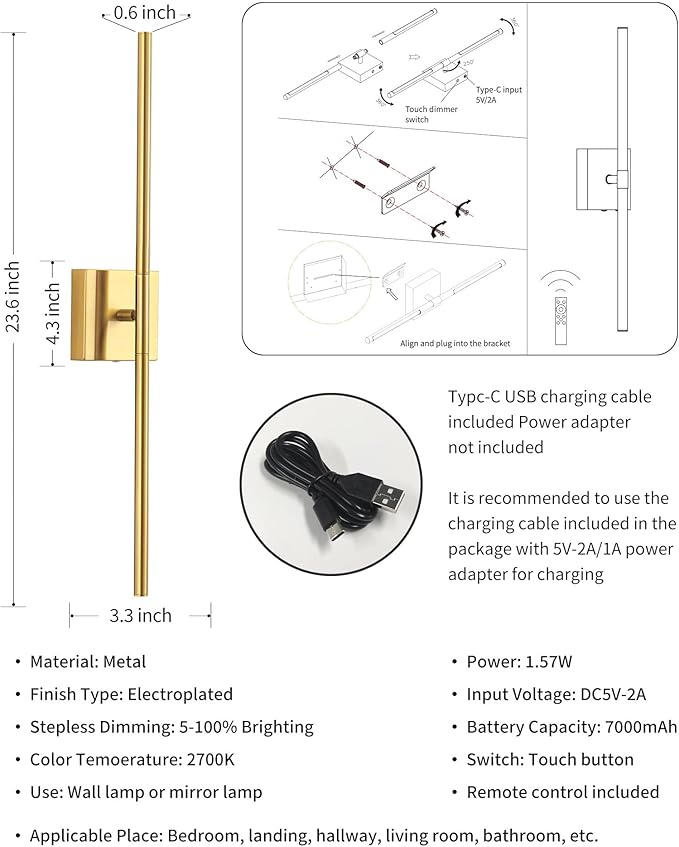 KDG Cordless Wall Sconces with Remote Control, Wireless 7000mAh Rechargeable Battery Operated LED Wall Lamps, 360° Rotate Lightings for Wall Painting, Bedroom, Hallway, Night Light 23.6 inch (Gold)