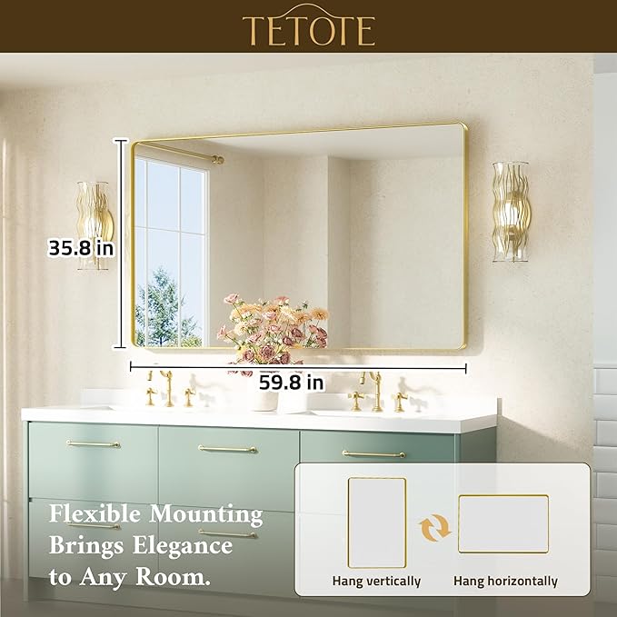TETOTE 60 x 36 Gold Mirror Brushed Gold Metal Framed Bathroom Mirror, Tempered Glass, Modern Farmhouse Wall Mounted Mirror for Decorative(Horizontal/Vertical)
