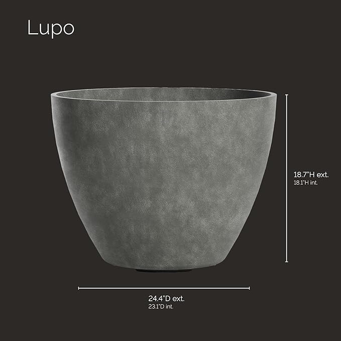 Lupo Tapered Planter – Grey Stone Finish – Fiberglass Indoor/Outdoor and Weather-Resistant Medium Planter (24.4" D x 18.7" H Exterior, 23.1" D x 18.1" H Interior)