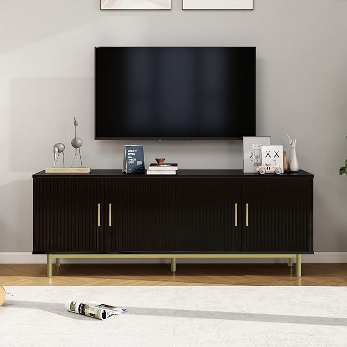 MUUEGM Modern TV Stand for Televisions up to 80 Inch, Entertainment Center with Storage, Cabinet with Fluted Door and Adjustable Shelf, Console Table and Media Furniture for Living Room, Black