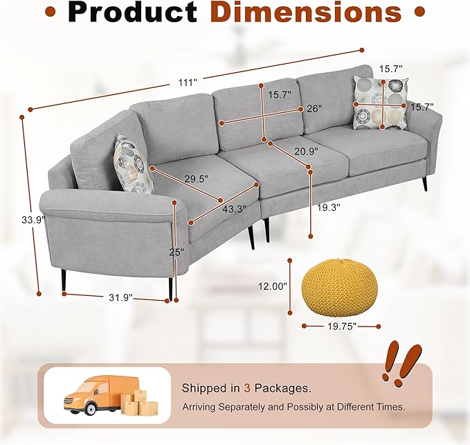 111" Sectional Couch, Upholstered Curved Sofa Couch with Two Printed Pillows, Sectional Couches for Living Room and Office, Cool Grey