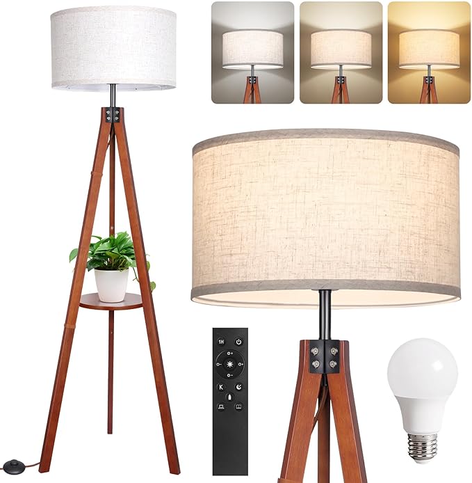 OUTON Dimmable Wood Tripod Floor Lamp with Shelves, Remote Control, Mid Century Modern Standing Lamp 58.5" for Bedroom, Living Room, and Office, Flaxen Lamp Shade Include E26 9W Bulb