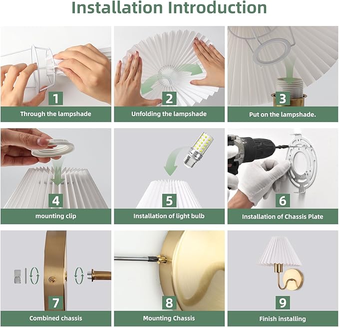 Brushed Gold Wall Sconces Sets of 2, White Pleated Fabric lampshade, Indoor Gooseneck Wall Lamp Lighting, Bathroom Dresser Hardwired sconces wall decor Fixture for Living Room Bedroom Dining Room