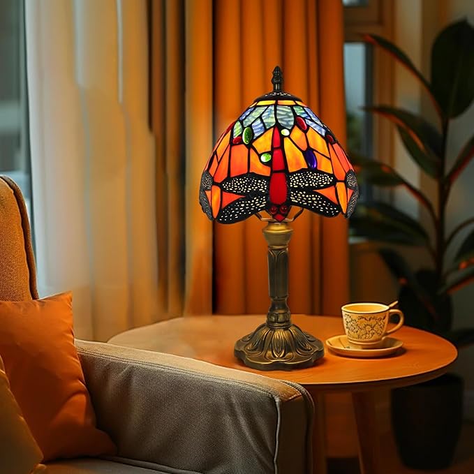 8 inch Dragonfly Tiffany Style Table lamp Vintage Small Blue Orange Stained Glass Shade Light Home livingroom Bedroom Bedside Light Desk Decor Decoration 14.6" Tall