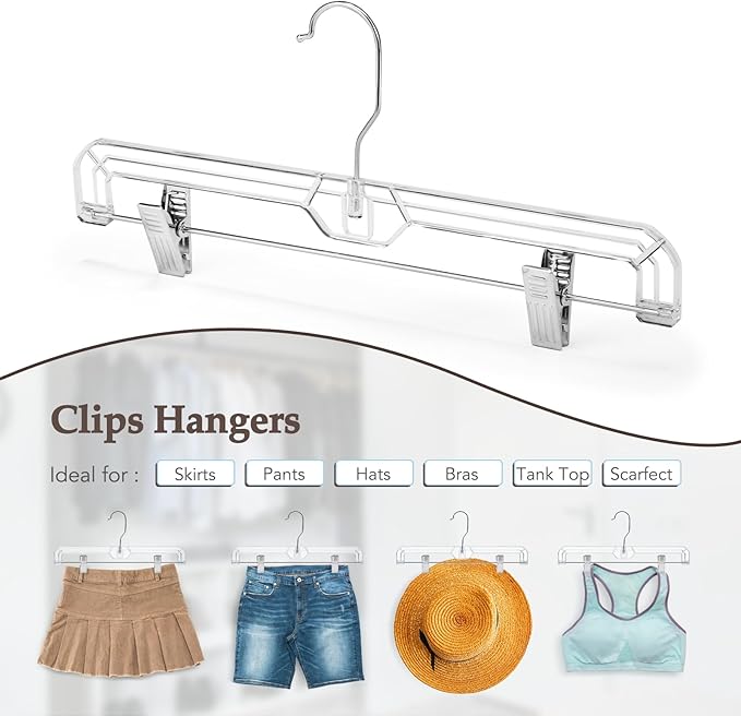 HOUSE DAY Clear Pants Hangers with Clips 200 Pack, Non-Slip Plastic Skirt Hanger with Adjustable Clips, Slim Clip Hangers for Pants, Skirts, Shorts, 14" Clear Hanger, 360-Rotating Swivel Hook