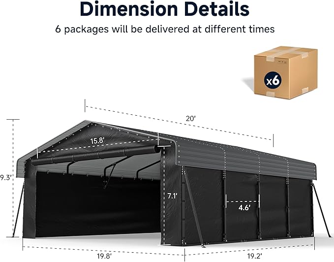 20 x 20FT Heavy Duty Metal Carport, Outdoor Carport with Galvanized Steel Frame and Roof, Multi-Use Car Shelter with Removable Sidewalls for 2 Cars, Pickup, Tractors, Gray