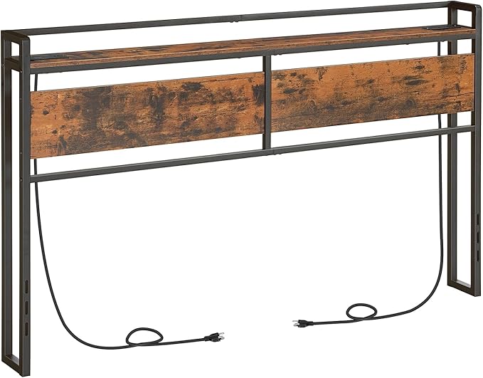 HOOBRO King Size Headboard, Headboard with 2 Outlets and 4 USB Ports, Adjustable Height, Storage Rack, Sturdy and Stable, Easy Assembly, Rustic Brown and Black