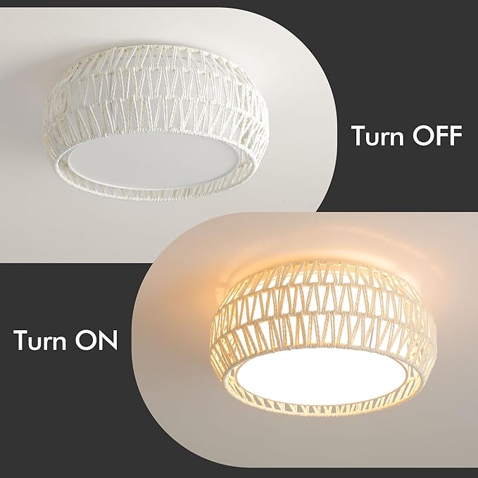 WINGBO 15.7" Modern 3-Light Flush Mount Ceiling Light Fixture with Fabric & Acrylic Double Drum Shade for Bedroom Living Room Dining Room Hallway Entryway, White