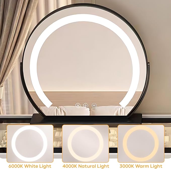 Makeup Vanity Desk, Modern Dressing Table Include LED Smart Round Mirror and Glass Countertop, Luxury Vanity Set with Makeup Chair, Side Cabinet with Drawers Storage and Ambient Light (White,32")