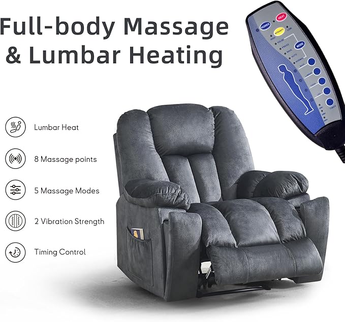 Phoenix Home Manual Recliner Chair for Adults with Massage and Heat, Overstuffed Fabric Reclining Chair, Oversized Recliners with 2 Cup Holders and Side Pockets for Living Room, Bedroom, Dark Grey